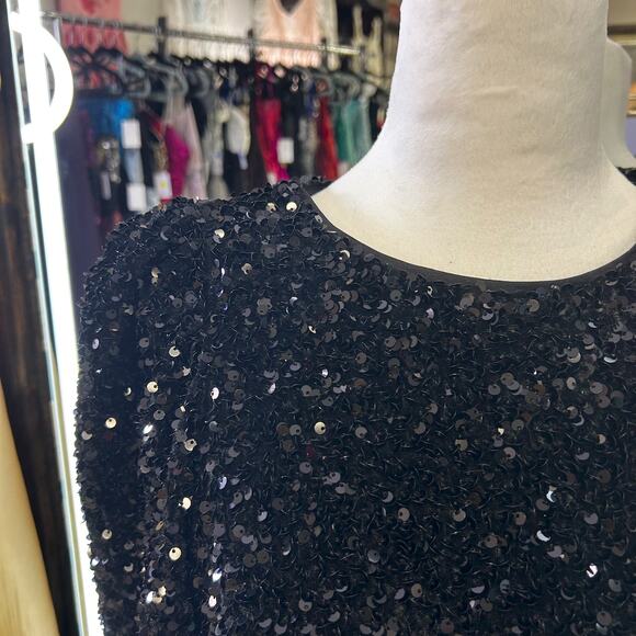 Black Sequin Long Sleeve Mini Dress XS Party Holiday NYE Cocktail Coquette - Picture 11 of 11